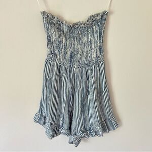 Angie Blue and White Stripe Seersucker Ruffle Flowy Strapless Romper